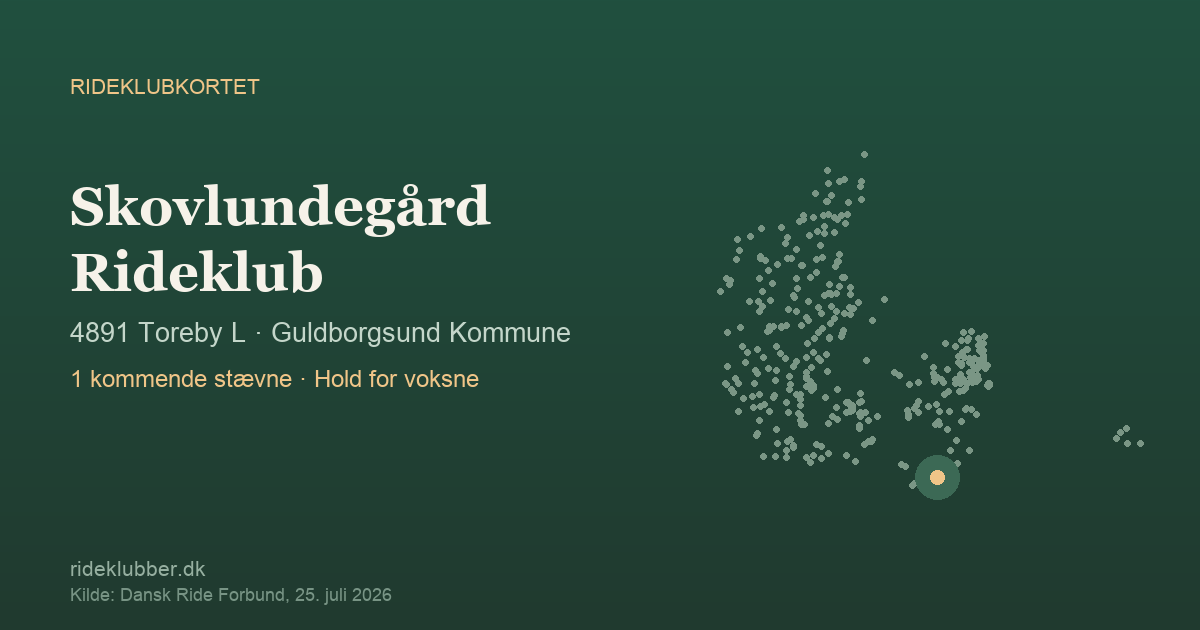Skovlundegård Rideklub - Toreby L | Rideklubkortet markeret på kortet over danske rideklubber