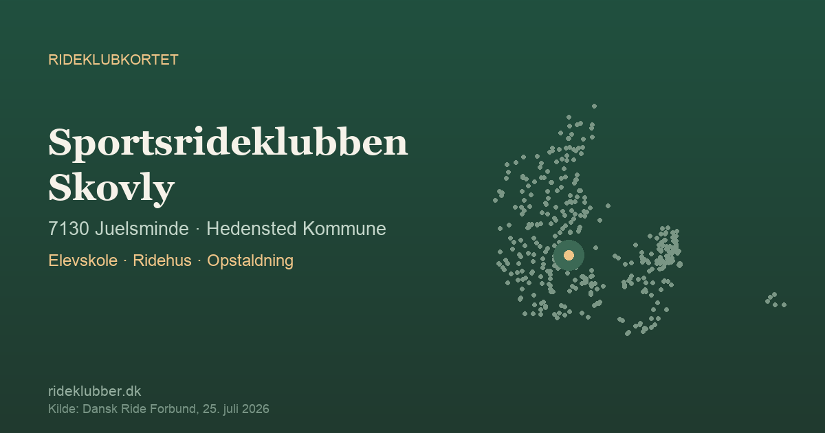 Sportsrideklubben Skovly - Juelsminde | Rideklubkortet markeret på kortet over danske rideklubber